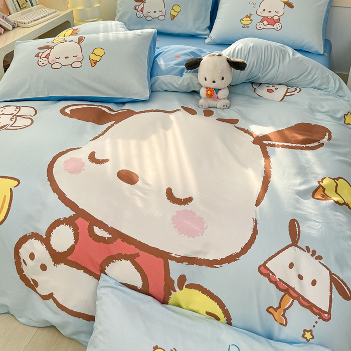 91家纺网 家纺一手货源 找家纺 博雅 2025新款三丽鸥大版印花全棉四件套专版花型 全棉大版（普通款口袋枕）香蕉帕恰狗