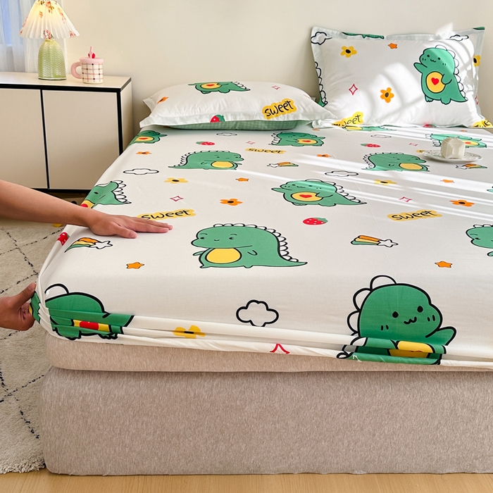 91家纺网 家纺一手货源 找家纺 棉造家居 2025新款亲肤舒适全棉纯棉印花单床笠 恐龙宝贝