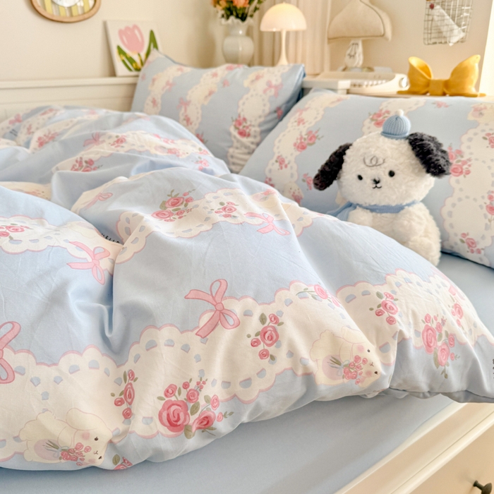 91家纺网 家纺一手货源 找家纺 慕澄家纺 2025新款小清新水洗棉印花四件套 萌趣版-蓝色花语