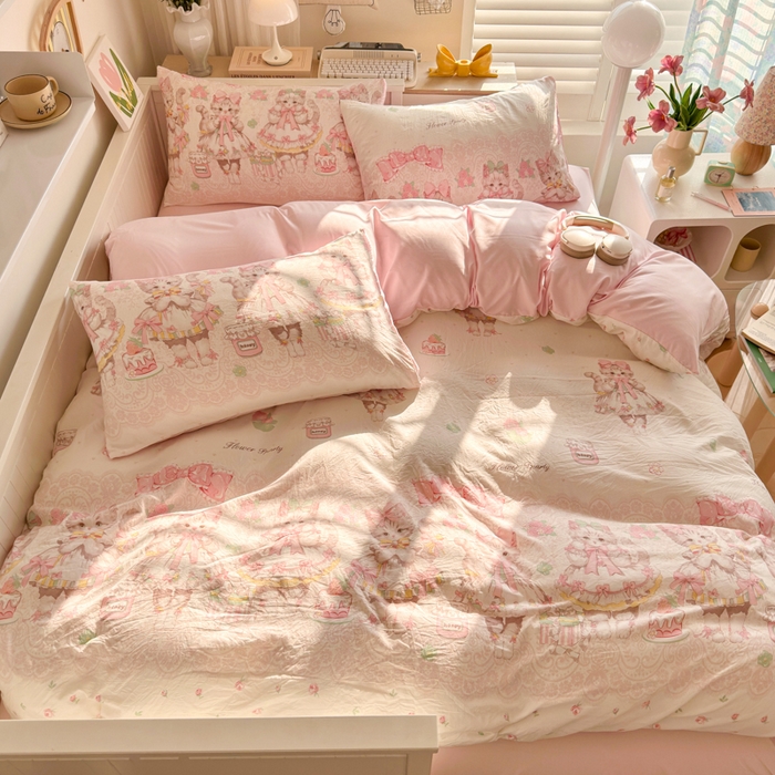 91家纺网 家纺一手货源 找家纺 慕澄家纺 2025新款小清新水洗棉印花四件套 萌趣版-洛丽塔