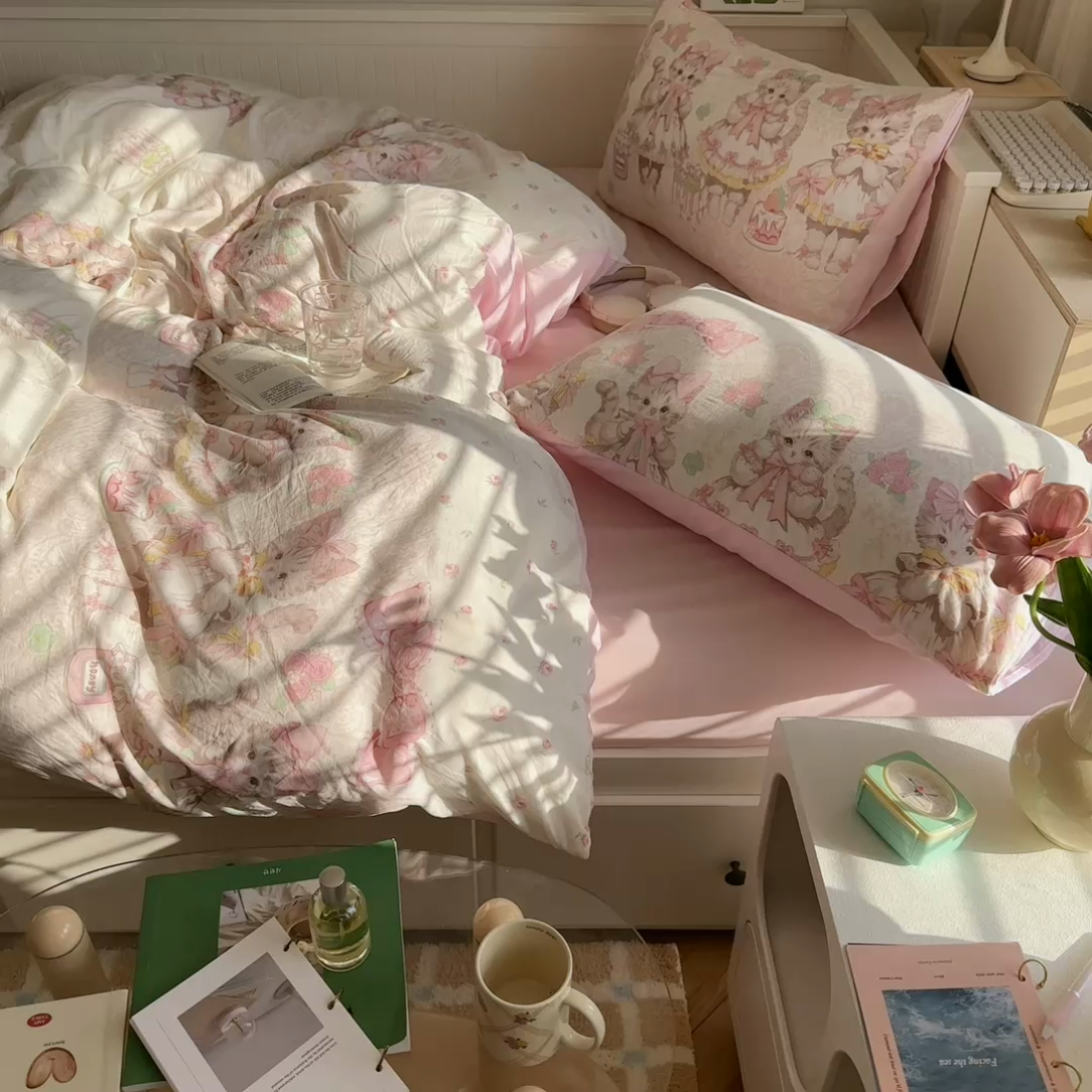 91家纺网 家纺一手货源 找家纺 慕澄家纺 2025新款小清新水洗棉印花四件套 萌趣版-洛丽塔