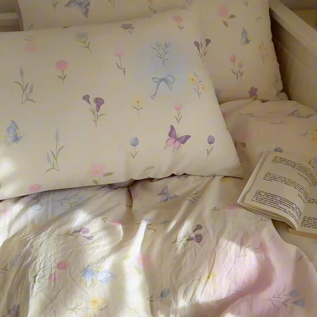 91家纺网 家纺一手货源 找家纺 慕澄家纺 2025新款小清新水洗棉印花四件套 萌趣版-觅蝶