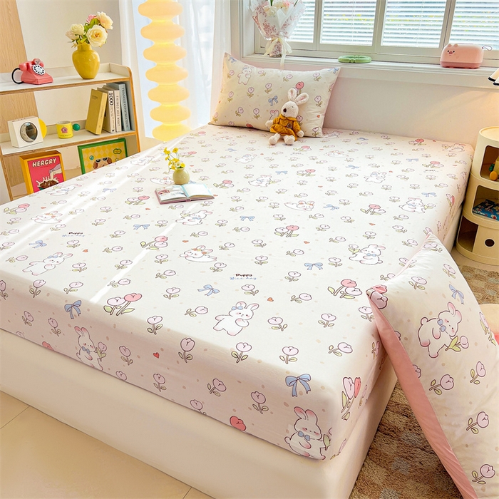 91家纺网 家纺一手货源 找家纺 雯豆2025春夏新品全棉床笠三件套学生成人印花纯棉床罩 全棉床笠-小兔乖乖