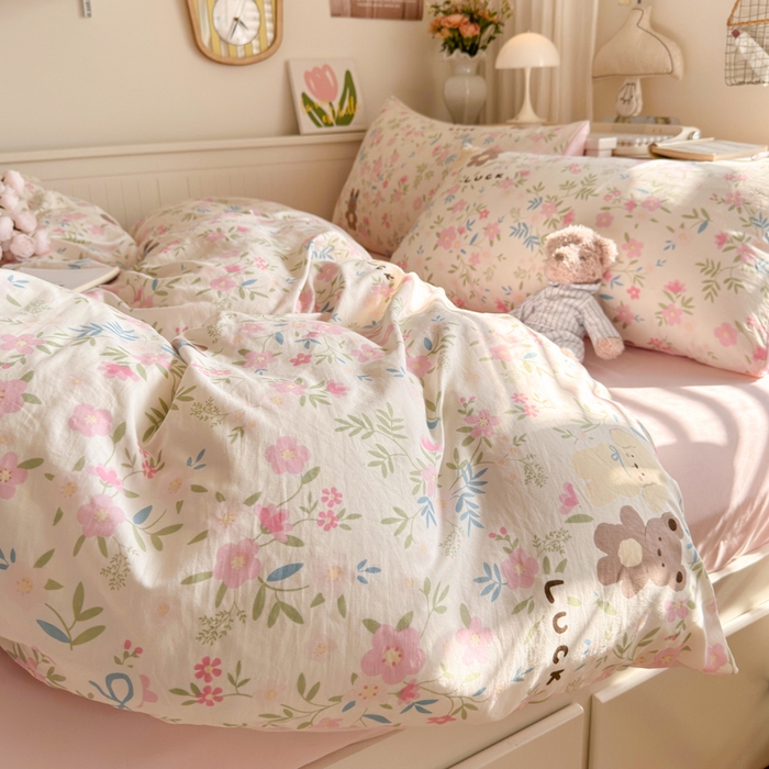 91家纺网 家纺一手货源 找家纺 慕澄家纺 2025新款小清新水洗棉印花四件套 萌趣版-花园宝贝