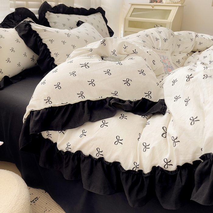 91家纺网 家纺一手货源 找家纺 繁花家居 2025新款黑色花边赫本风水洗棉双层纱针织棉韩式花边四件套 少女心