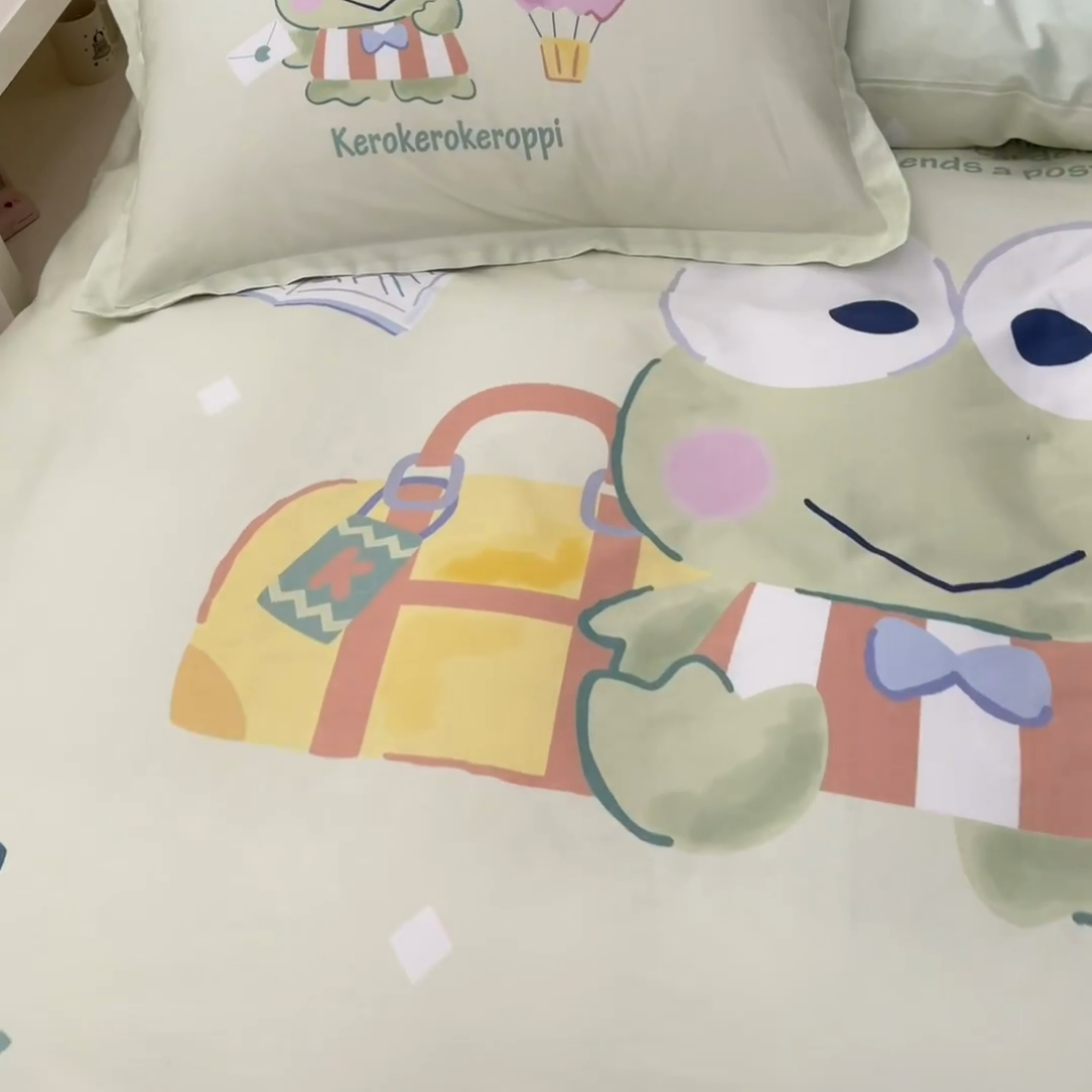 91家纺网 家纺一手货源 找家纺 博雅 2025新款三丽鸥大版印花全棉四件套专版花型 全棉大版（升级款信封枕）开心天眼蛙