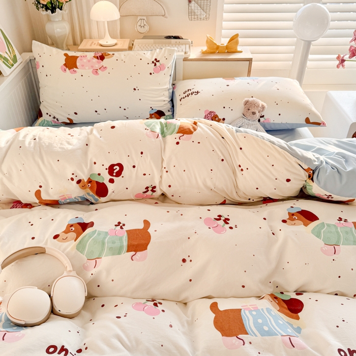 91家纺网 家纺一手货源 找家纺 慕澄家纺 2025新款小清新水洗棉印花四件套 萌趣版-腊肠狗