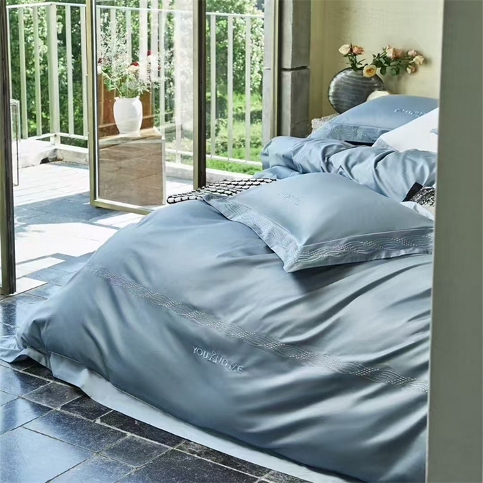 91家纺网 家纺一手货源 找家纺 玖玖爱家纺 2025新款180支植物甑棉四件套-时光之舞 时光之舞-黄昏蓝