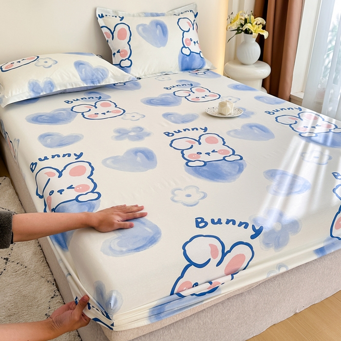 91家纺网 家纺一手货源 找家纺 棉造家居 2025新款亲肤舒适全棉纯棉印花单床笠 晴天小兔