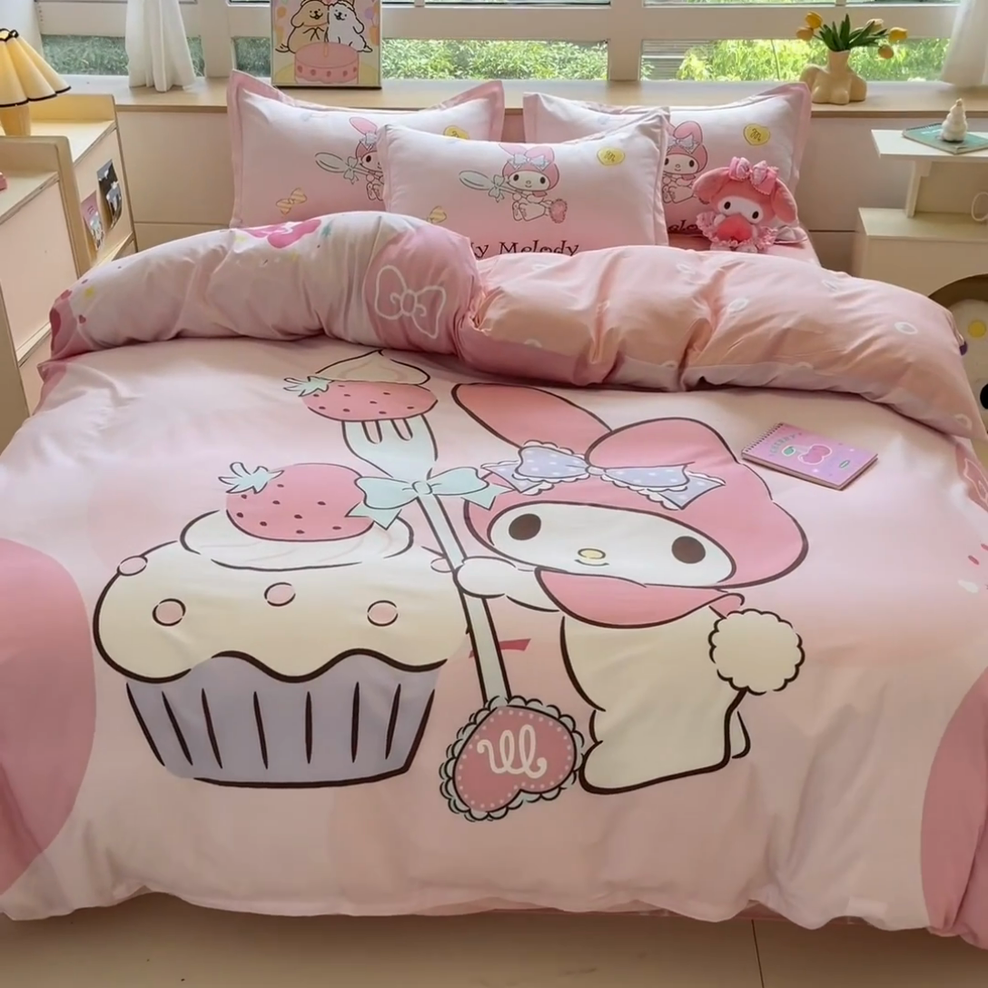 91家纺网 家纺一手货源 找家纺 博雅 2025新款三丽鸥大版印花全棉四件套专版花型 全棉大版（升级款信封枕）蛋糕美乐蒂