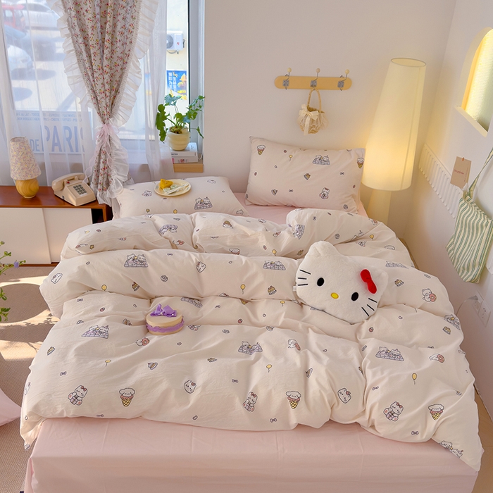 91家纺网 家纺一手货源 找家纺 颜选 2025新款水洗棉印花四件套 可可猫咪