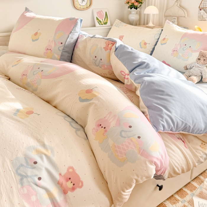 91家纺网 家纺一手货源 找家纺 慕澄家纺 2025新款小清新水洗棉印花四件套 萌趣版-小象