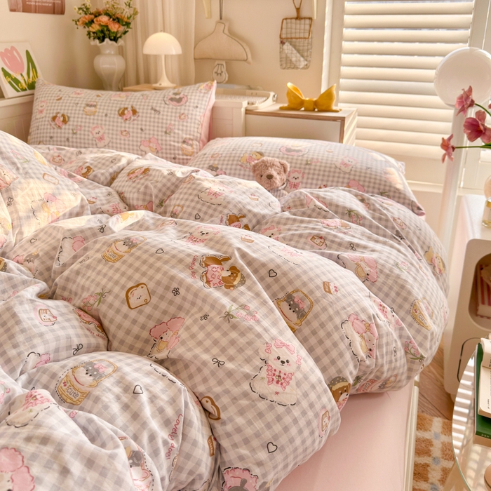 91家纺网 家纺一手货源 找家纺 慕澄家纺 2025新款小清新水洗棉印花四件套 萌趣版-甜宠