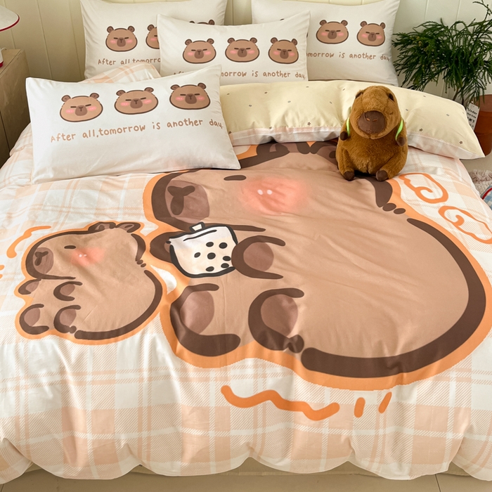 91家纺网 家纺一手货源 找家纺 博雅 2025新款卡皮巴拉系列全棉印花四件套 可爱卡皮巴拉