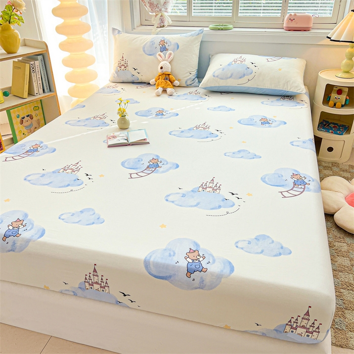 91家纺网 家纺一手货源 找家纺 雯豆2025春夏新品全棉床笠三件套学生成人印花纯棉床罩 全棉床笠-熊熊城堡