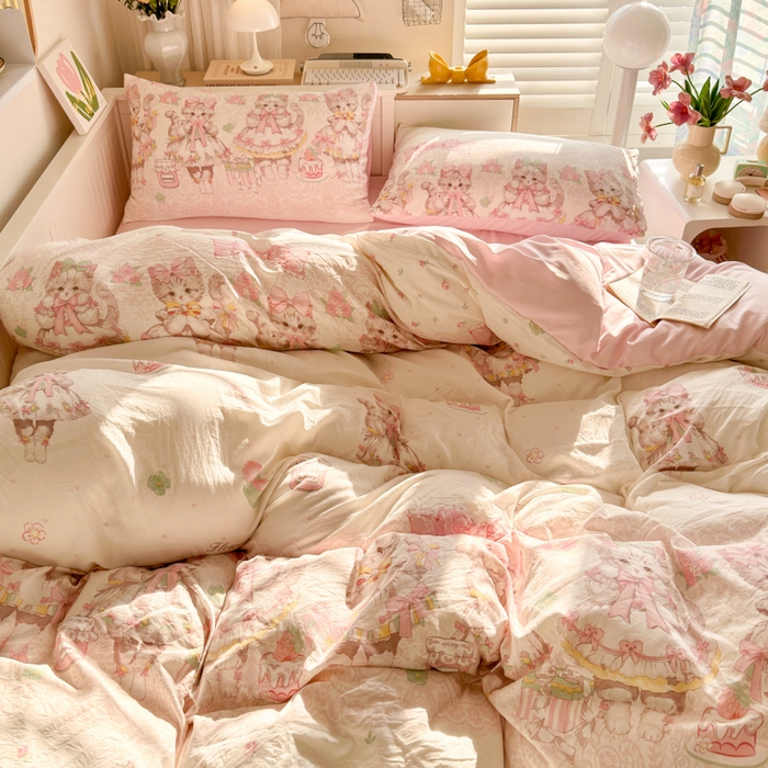 91家纺网 家纺一手货源 找家纺 慕澄家纺 2025新款小清新水洗棉印花四件套 萌趣版-洛丽塔