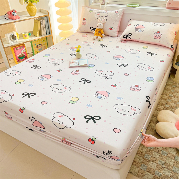 91家纺网 家纺一手货源 找家纺 雯豆2025春夏新品全棉床笠三件套学生成人印花纯棉床罩 全棉床笠-奶油蝴蝶结