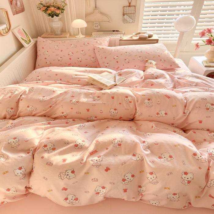 91家纺网 家纺一手货源 找家纺 慕澄家纺 2025新款小清新水洗棉印花四件套 萌趣版-粉咪咪