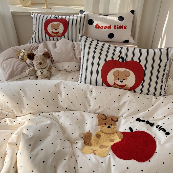 91家纺网 家纺一手货源 找家纺 美乐迪家纺 2025新款休闲风系列全棉毛巾绣四件套 苹果狗狗