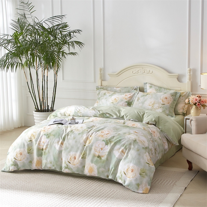 91家纺网 家纺一手货源 找家纺 曼秀琳 2025新款铂金棉数码印花四件套(全棉133*76) 墨雨云间-绿