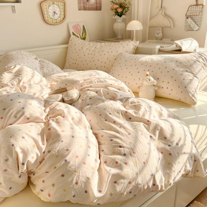 91家纺网 家纺一手货源 找家纺 慕澄家纺 2025新款小清新水洗棉印花四件套 萌趣版-奶油波点