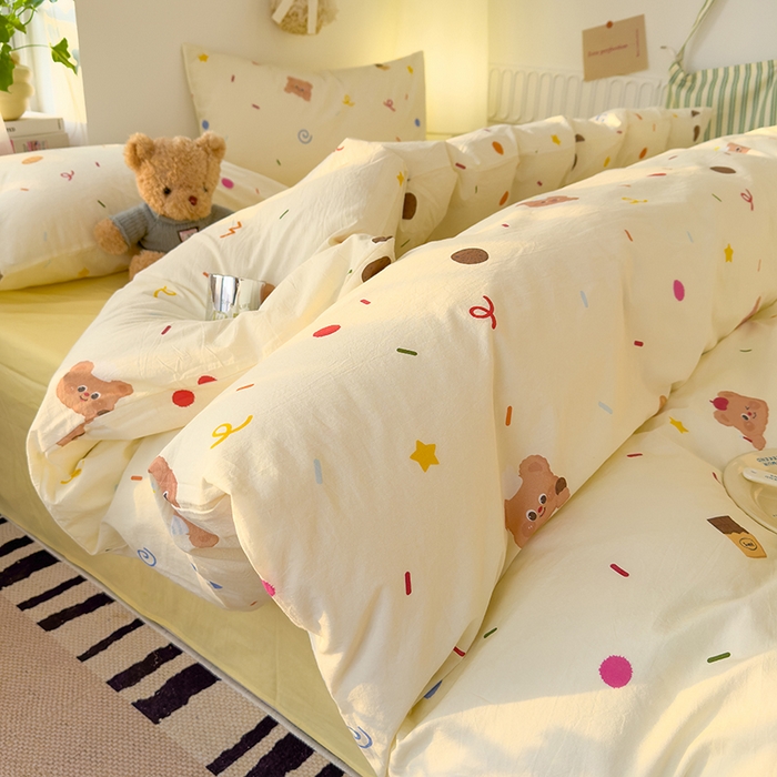 91家纺网 家纺一手货源 找家纺 颜选 2025新款水洗棉印花四件套 饼干熊