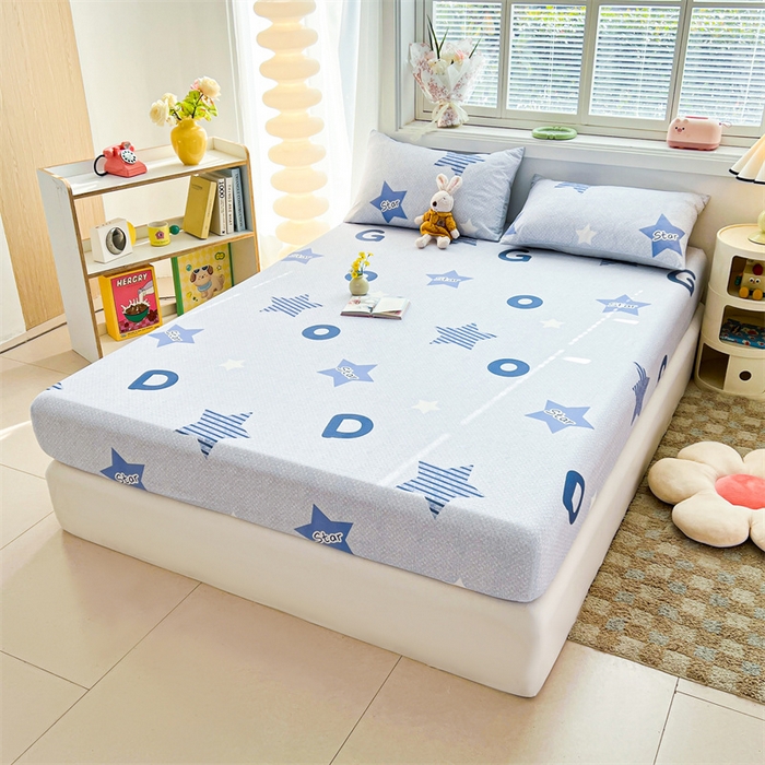 91家纺网 家纺一手货源 找家纺 雯豆2025春夏新品全棉床笠三件套学生成人印花纯棉床罩 全棉床笠-星星约定