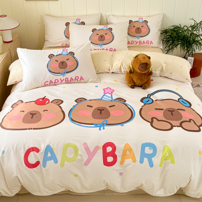 91家纺网 家纺一手货源 找家纺 博雅 2025新款卡皮巴拉系列全棉印花四件套 音乐卡皮巴拉