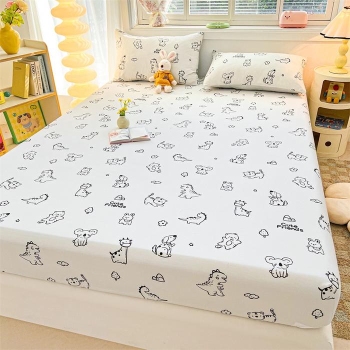 91家纺网 家纺一手货源 找家纺 雯豆2025春夏新品全棉床笠三件套学生成人印花纯棉床罩 全棉床笠-动物城