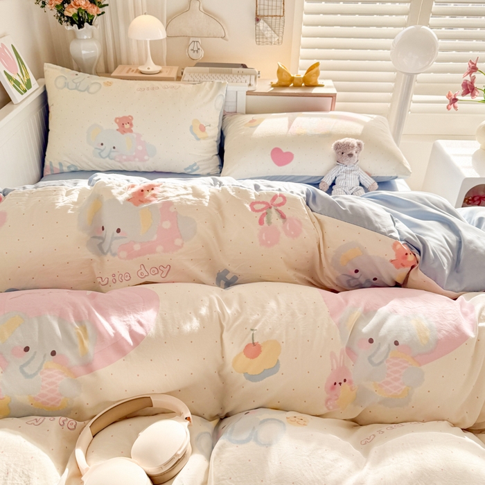 91家纺网 家纺一手货源 找家纺 慕澄家纺 2025新款小清新水洗棉印花四件套 萌趣版-小象