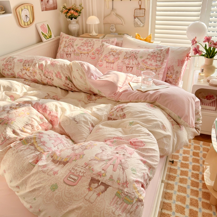 91家纺网 家纺一手货源 找家纺 慕澄家纺 2025新款小清新水洗棉印花四件套 萌趣版-洛丽塔