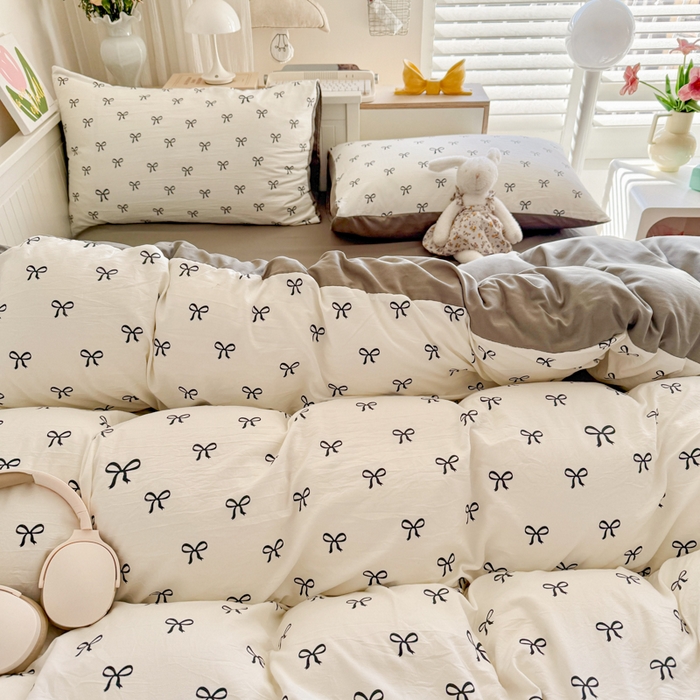 91家纺网 家纺一手货源 找家纺 慕澄家纺 2025新款小清新水洗棉印花四件套 萌趣版-黑系蝴蝶结