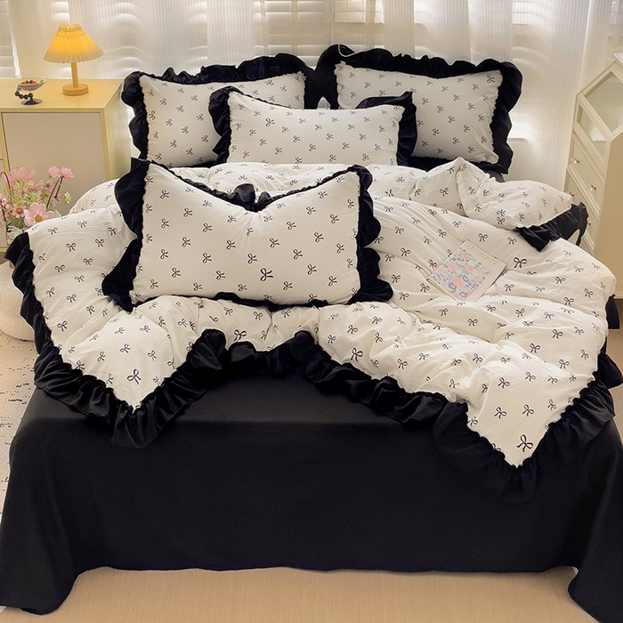 91家纺网 家纺一手货源 找家纺 繁花家居 2025新款黑色花边赫本风水洗棉双层纱针织棉韩式花边四件套 少女心