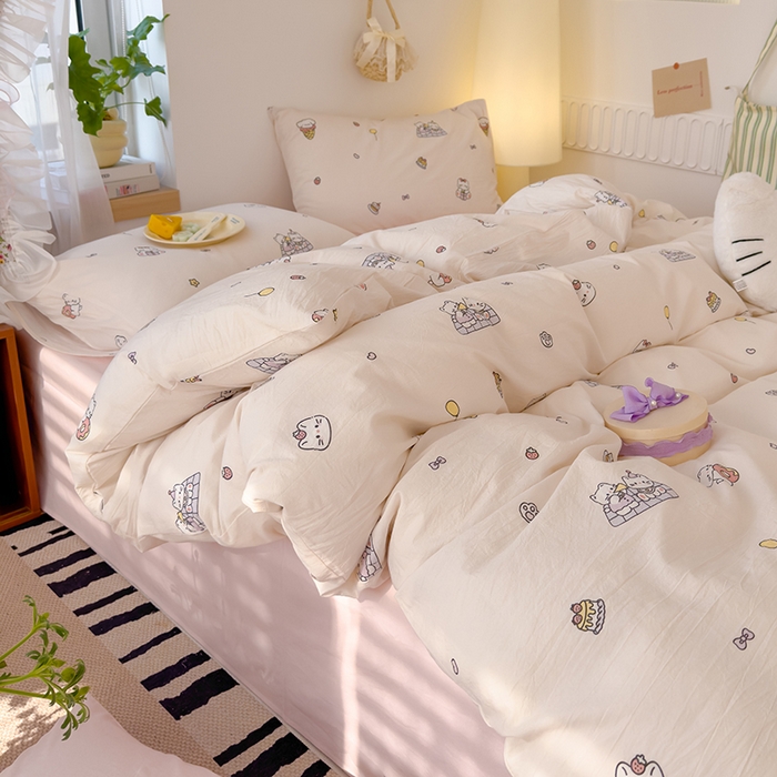 91家纺网 家纺一手货源 找家纺 颜选 2025新款水洗棉印花四件套 可可猫咪