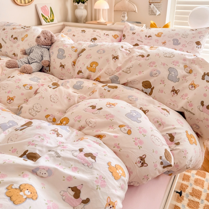 91家纺网 家纺一手货源 找家纺 慕澄家纺 2025新款小清新水洗棉印花四件套 萌趣版-狗狗派对