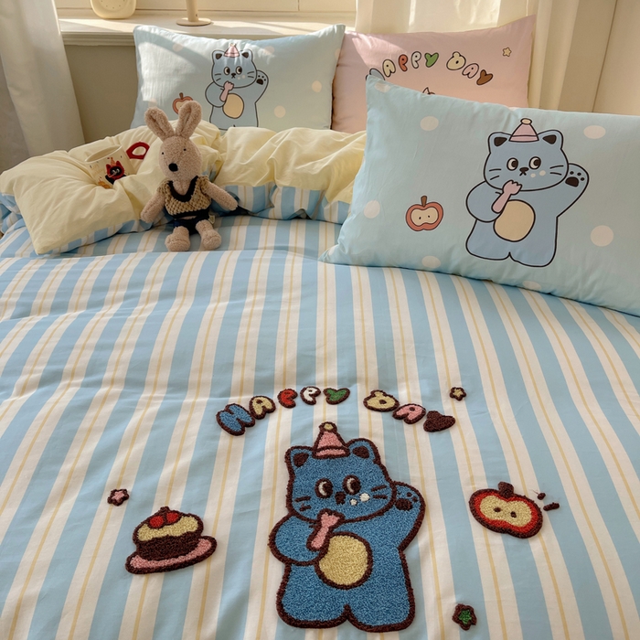 91家纺网 家纺一手货源 找家纺 美乐迪家纺 2025新款休闲风系列全棉毛巾绣四件套 派对猫咪