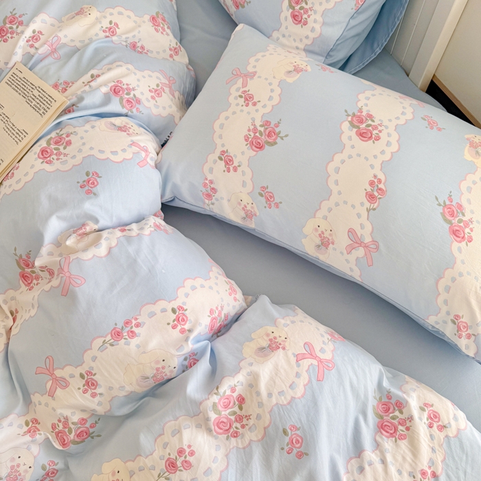 91家纺网 家纺一手货源 找家纺 慕澄家纺 2025新款小清新水洗棉印花四件套 萌趣版-蓝色花语