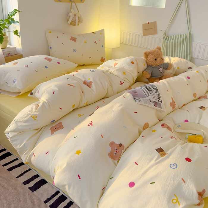 91家纺网 家纺一手货源 找家纺 颜选 2025新款水洗棉印花四件套 饼干熊