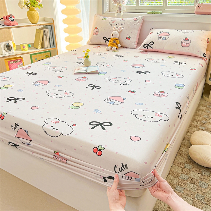 91家纺网 家纺一手货源 找家纺 雯豆2025春夏新品全棉床笠三件套学生成人印花纯棉床罩 全棉床笠-奶油蝴蝶结