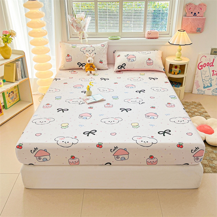 91家纺网 家纺一手货源 找家纺 雯豆2025春夏新品全棉床笠三件套学生成人印花纯棉床罩 全棉床笠-奶油蝴蝶结