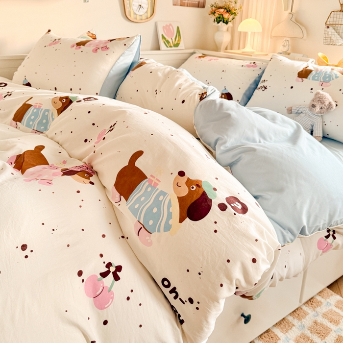 91家纺网 家纺一手货源 找家纺 慕澄家纺 2025新款小清新水洗棉印花四件套 萌趣版-腊肠狗