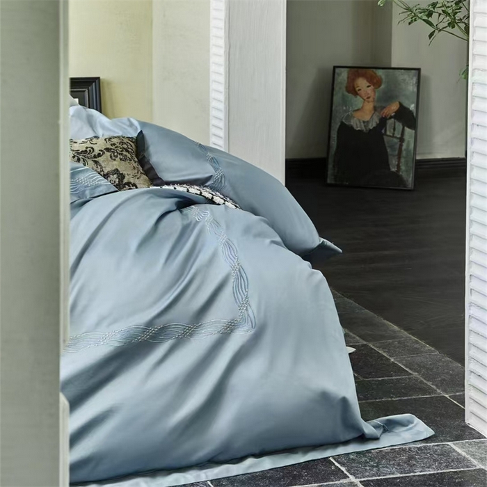 91家纺网 家纺一手货源 找家纺 玖玖爱家纺 2025新款180支植物甑棉四件套-时光之舞 时光之舞-黄昏蓝