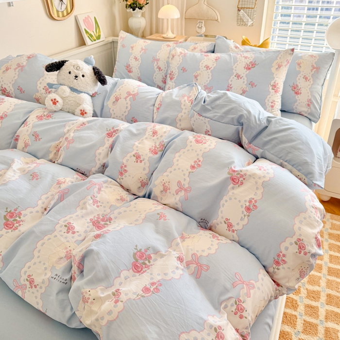 91家纺网 家纺一手货源 找家纺 慕澄家纺 2025新款小清新水洗棉印花四件套 萌趣版-蓝色花语