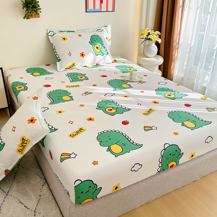 91家纺网 家纺一手货源 找家纺 棉造家居 2025新款亲肤舒适全棉纯棉印花单床笠 恐龙宝贝