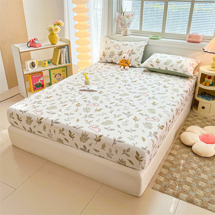 91家纺网 家纺一手货源 找家纺 雯豆2025春夏新品全棉床笠三件套学生成人印花纯棉床罩 全棉床笠-丛林兔