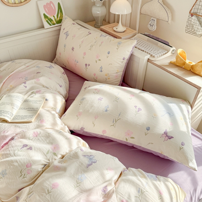 91家纺网 家纺一手货源 找家纺 慕澄家纺 2025新款小清新水洗棉印花四件套 萌趣版-觅蝶