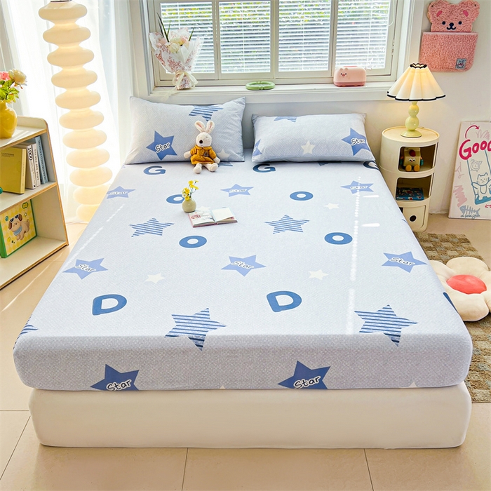 91家纺网 家纺一手货源 找家纺 雯豆2025春夏新品全棉床笠三件套学生成人印花纯棉床罩 全棉床笠-星星约定