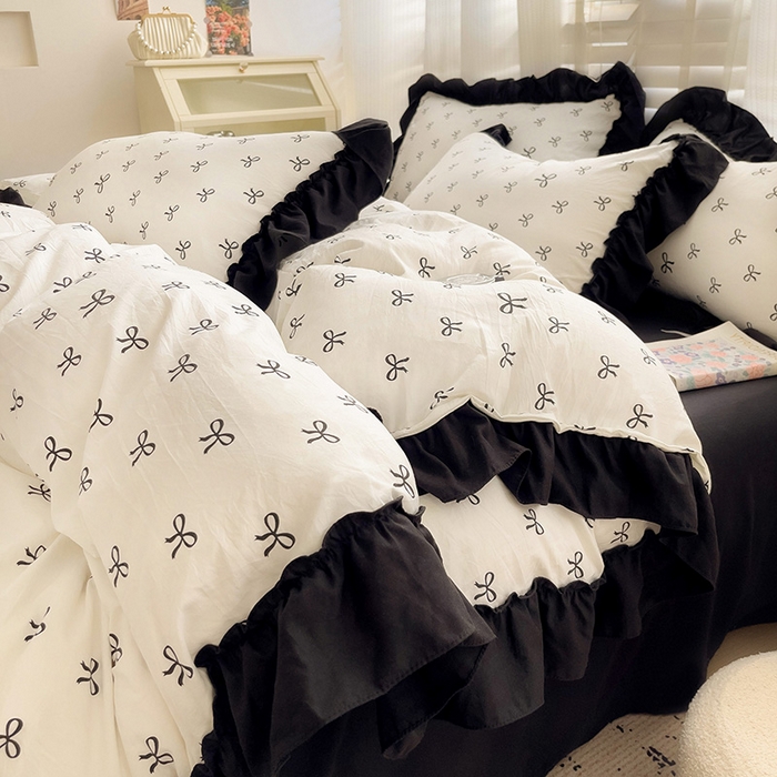 91家纺网 家纺一手货源 找家纺 繁花家居 2025新款黑色花边赫本风水洗棉双层纱针织棉韩式花边四件套 少女心