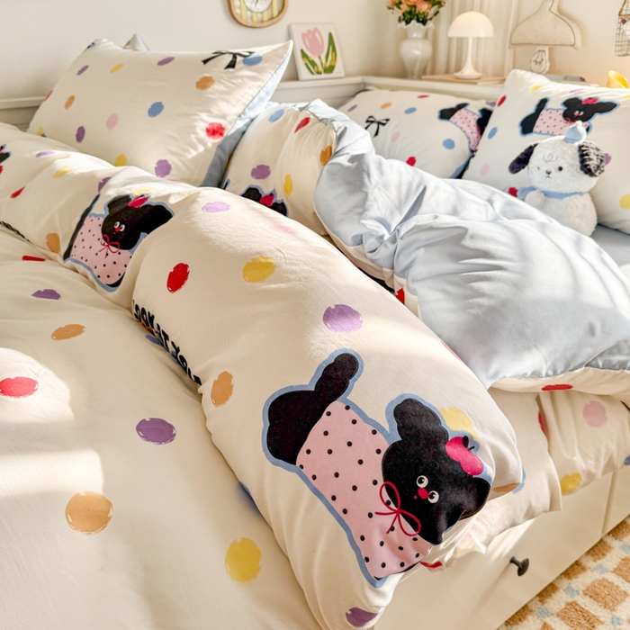 91家纺网 家纺一手货源 找家纺 慕澄家纺 2025新款小清新水洗棉印花四件套 萌趣版-彩波波