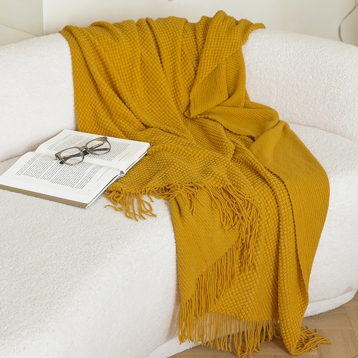 91家纺网 家纺一手货源 找家纺 朴尔家纺-毛巾被 2025新款波波风流苏柔糯毯床尾毯沙发巾 波波流苏柔糯毯-姜黄